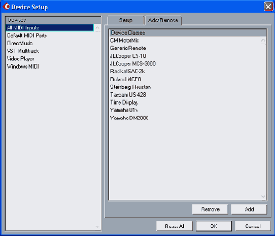 Диалоговое окно Device Setup вкладка Add/Remove